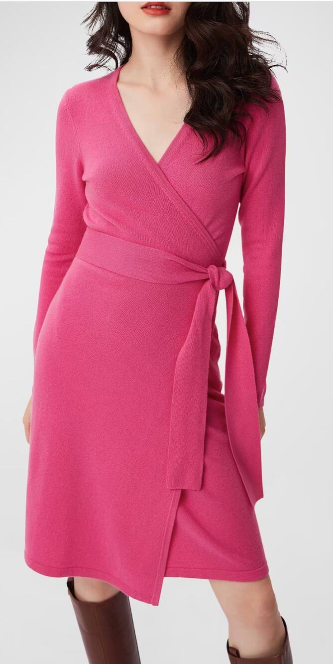 Diane von Furstenberg Cashmere Wrap Long Sleeve Mini Dress Pink Size S